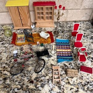 Miniature Dollhouse Furniture Set with Red Accents